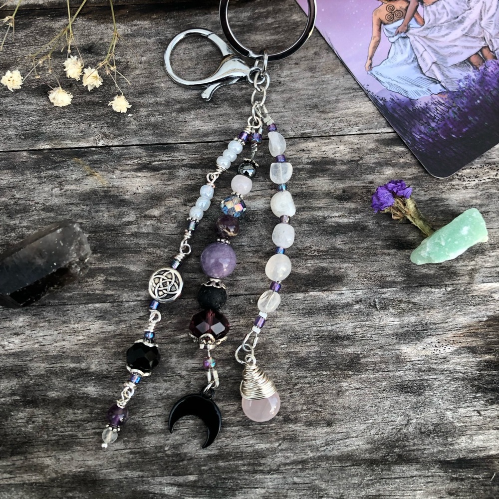 Rainbow Moonstone Beaded Gemstone Purse Charm Keychain Car Mirror…